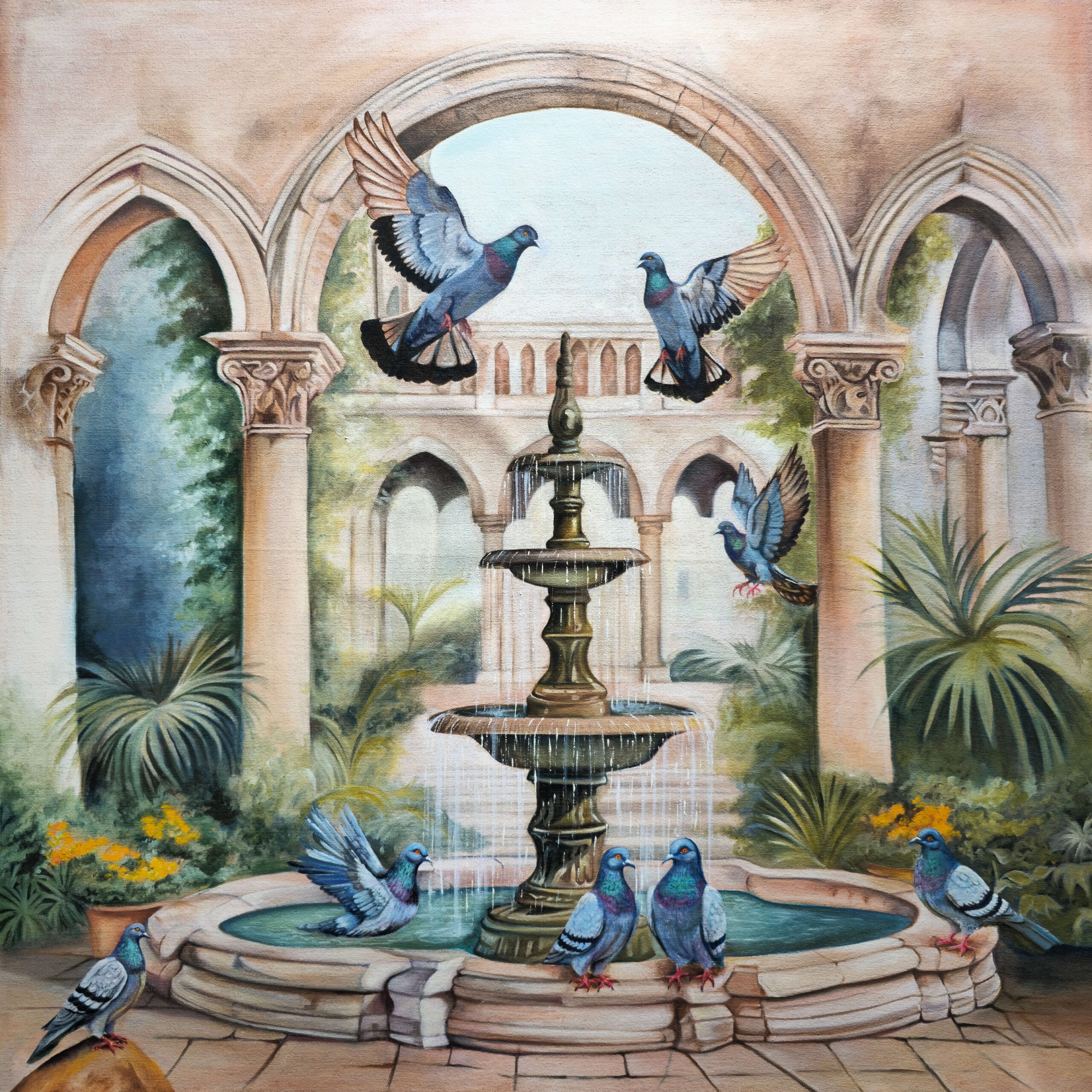 Garden Fountain & Pigeons